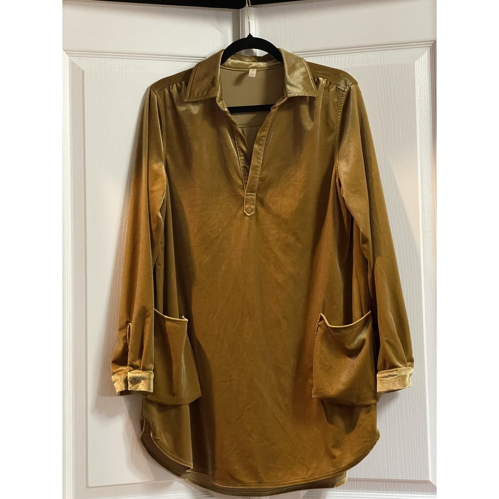Free People Shirt Womens S Petite Gold Velvet Tunic Top Long Sleeve Pockets